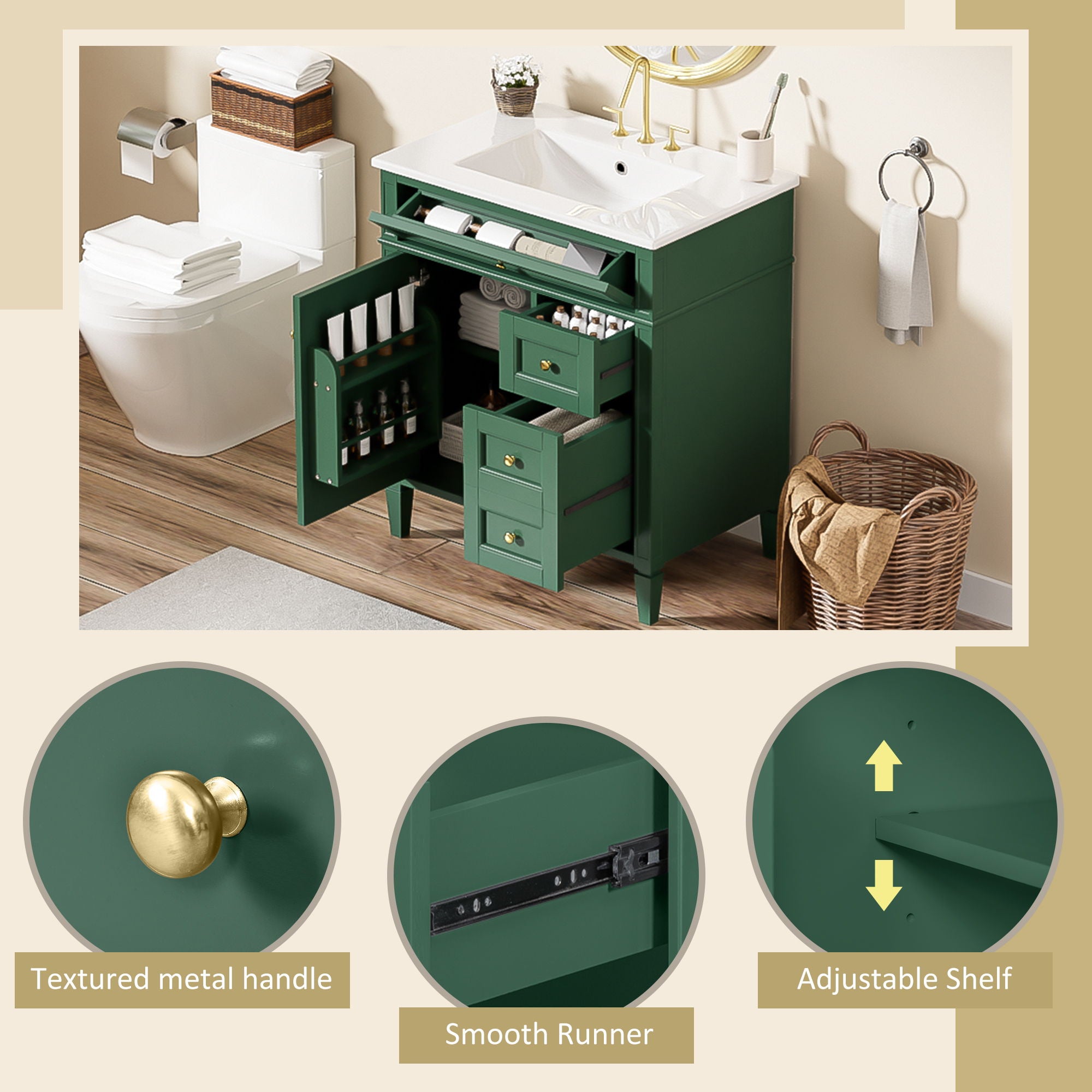 Bathroom Vanity With Top Sink, 2 Drawers & Tip Out Drawer