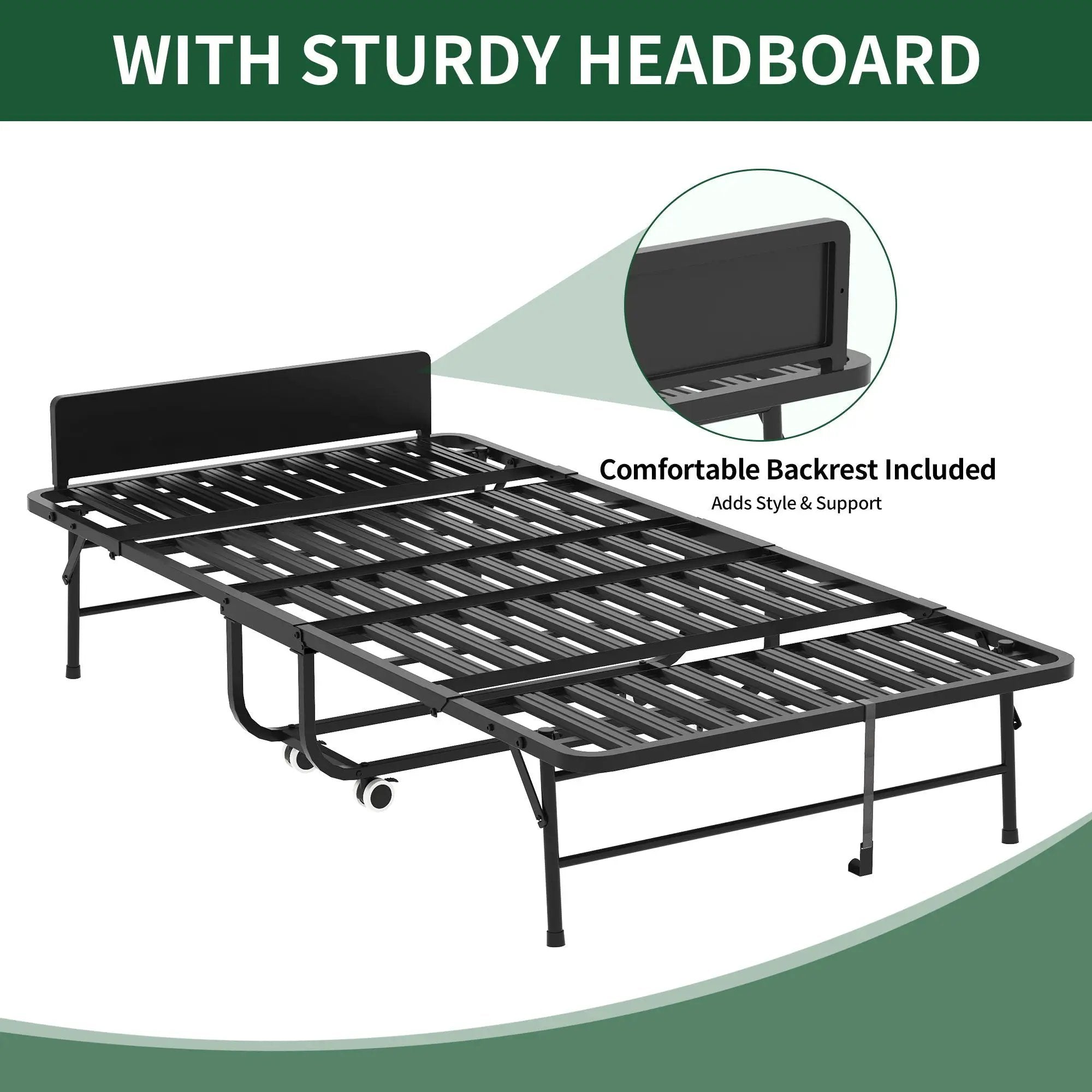 Twin Adjustable Headboard Folding Bed With Memory Foam Mattress, Heavy-Duty Frame Cot For Tall People, Portable Guest On Wheels - Black by Unique Piece Furniture