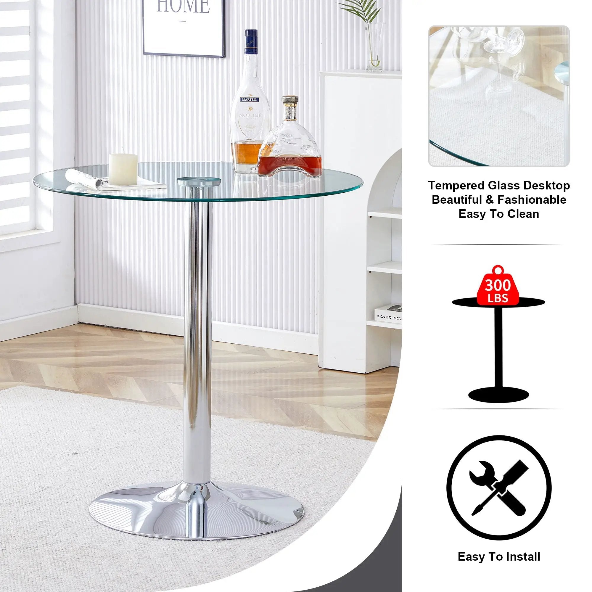 Modern Minimalist Circular Glass Dining Table With Electroplated Metal Legs 35" Diameter - Transparent by Unique Piece Furniture