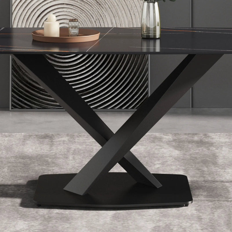 70.87" Modern Artificial Stone Black Curved Black Metal Leg Dining Table, Can Accommodate 6-8 People - Black by HouseOfZazla