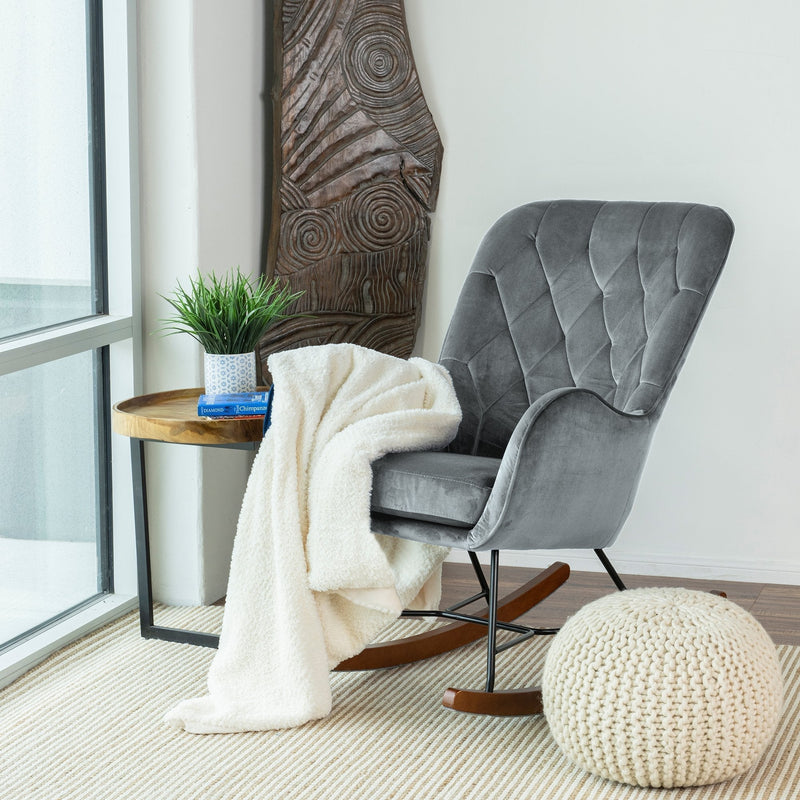 Mid Century Modern Rocking Chair with Velvet Upholstery - Dark Grey, photo 10 of 10