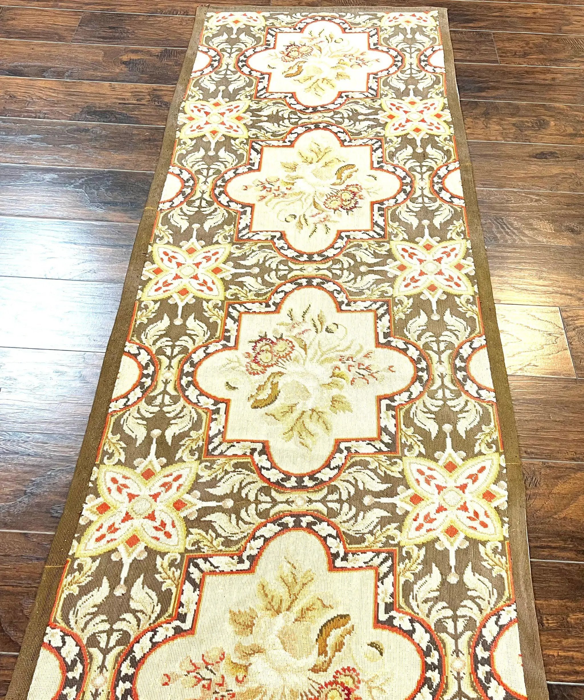 Needlepoint Runner Rug 2.8 x 9.8, Brown and Beige, Handwoven Handmade Floral French European Design, Vintage Flatweave 10ft Wool Runner Rug by Jewel Rugs