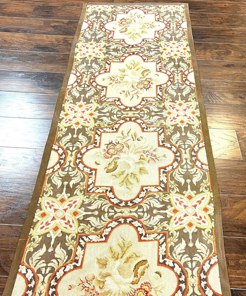Needlepoint Runner Rug 2.8 x 9.8, Brown and Beige, Handwoven Handmade Floral French European Design, Vintage Flatweave 10ft Wool Runner Rug by Jewel Rugs