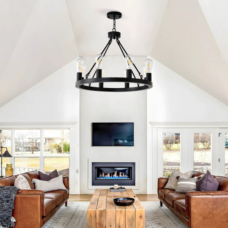 6 Light (No Bulbs) Wagon Wheel Chandelier Farmhouse Modern Small Round Chandelier For Living Room Kitchen Island Foyer Hallway Entryway Bedroom Dining Room Light Fixture Ceiling Hanging - Matte Black by HouseOfZazla