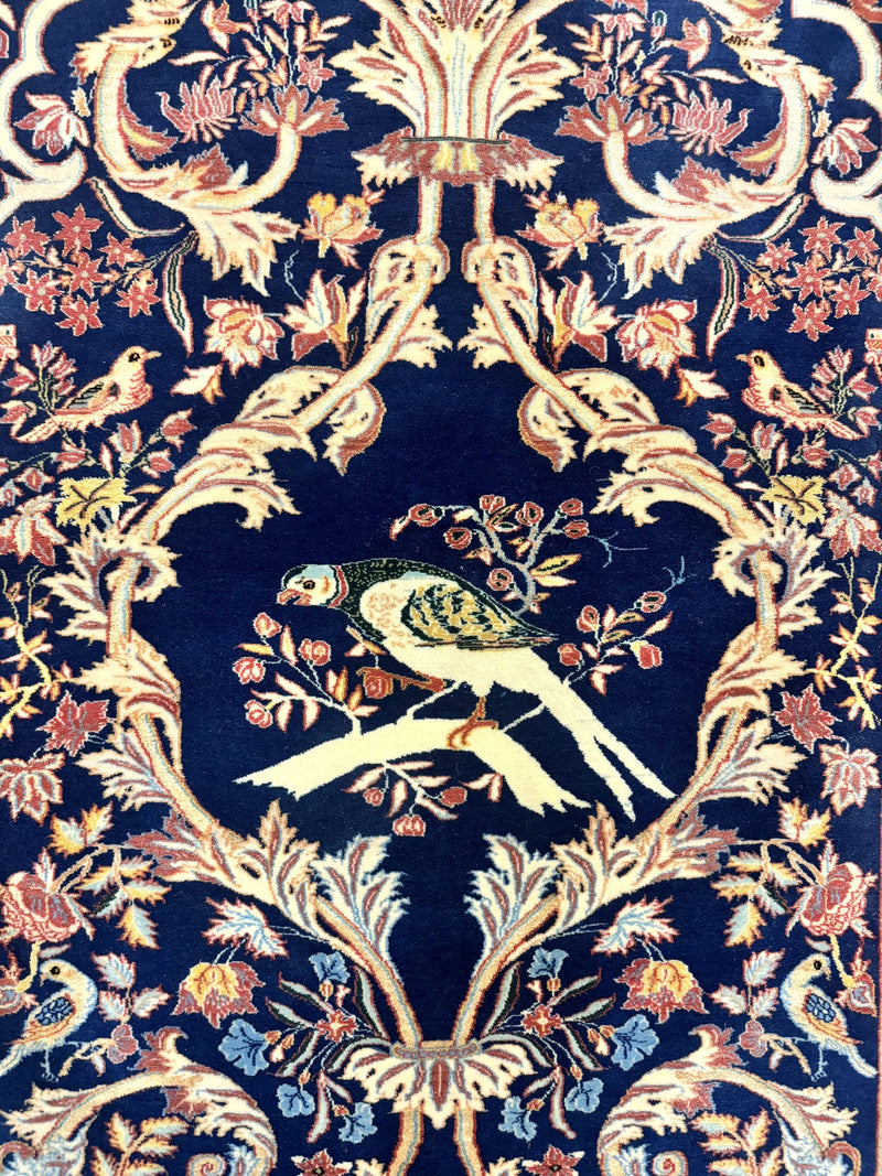 Persian Isfahan Rug 2x4, Birds, Navy Blue, Kork Wool on Silk Foundation, 460 KPSI by Jewel Rugs