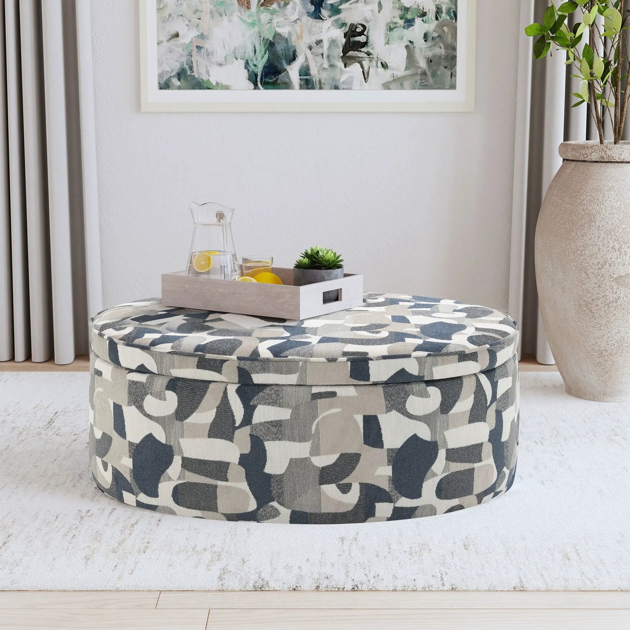 Tomkins Oval Upholstered Storage Ottoman Indigo Blue by Unique Piece Furniture