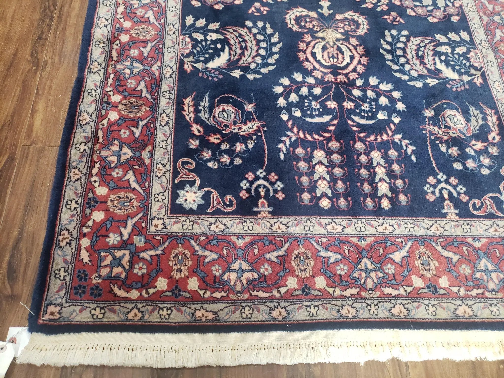 Dark Blue Indo Persian Rug 4x6, Medium Size Hand Knotted Oriental Carpet, Traditional Floral Indian Rug, Blue and Red Entryway Rug, Wool Rug by Jewel Rugs