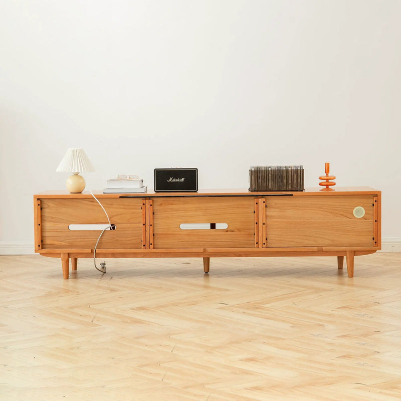 TV Cabinet With Chinese Changhong Glass Doors, Two Drawer Storage Space TV Standing - Cherry by HouseOfZazla