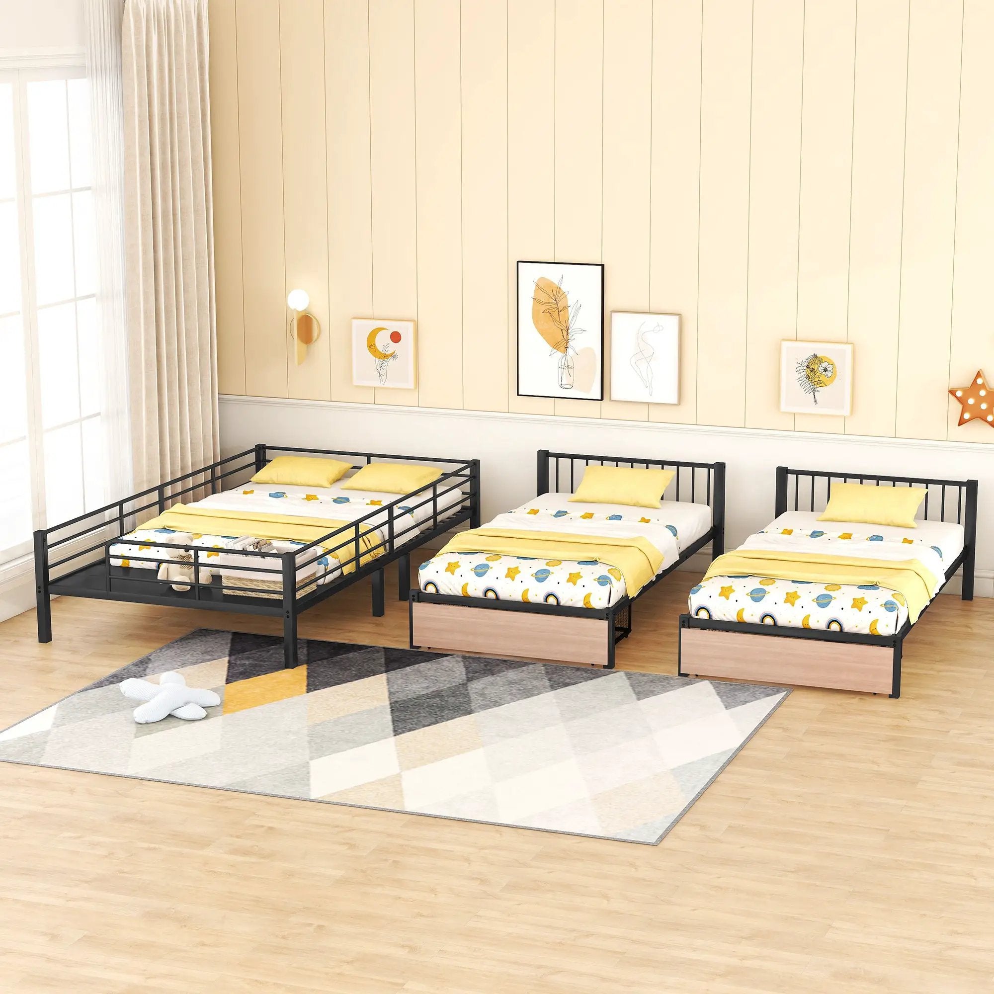 Triple Bunk Bed With Drawers, Multi-Functional Frame With Desks And Shelves In The Middle by Unique Piece Furniture