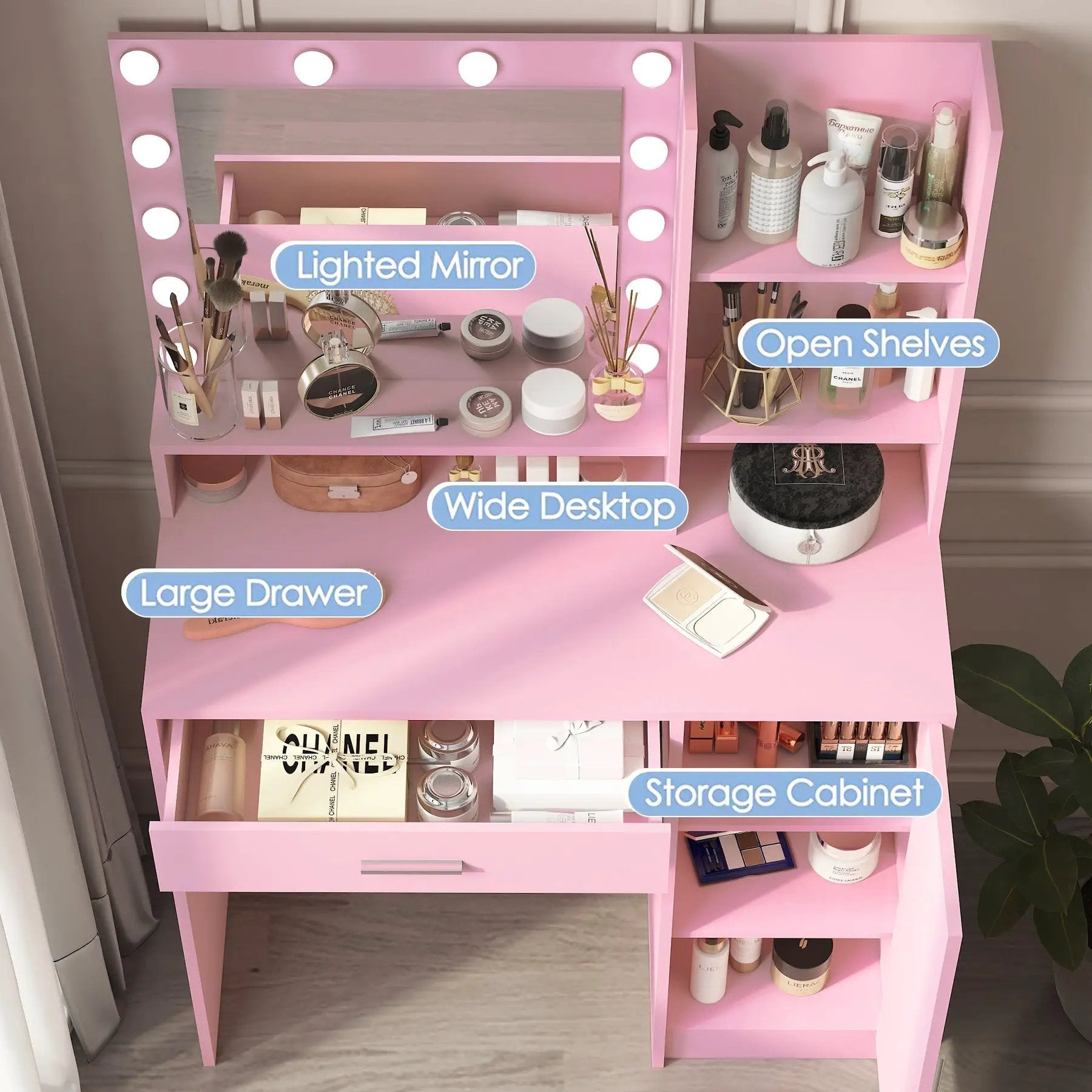 Pink Vanity Desk with Mirror & Light by HouseOfZazla