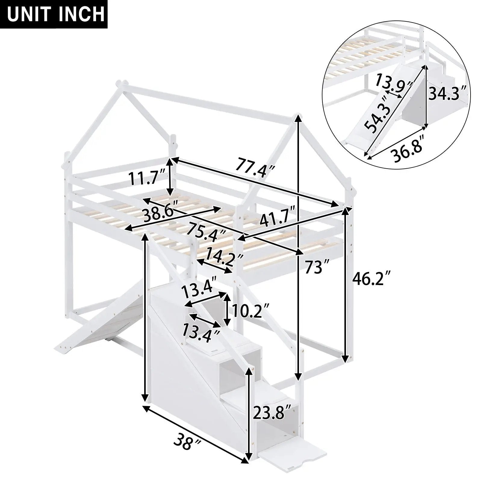 Twin Over Twin House Loft Or Bunk Bed With Slide And Staircase by Unique Piece Furniture