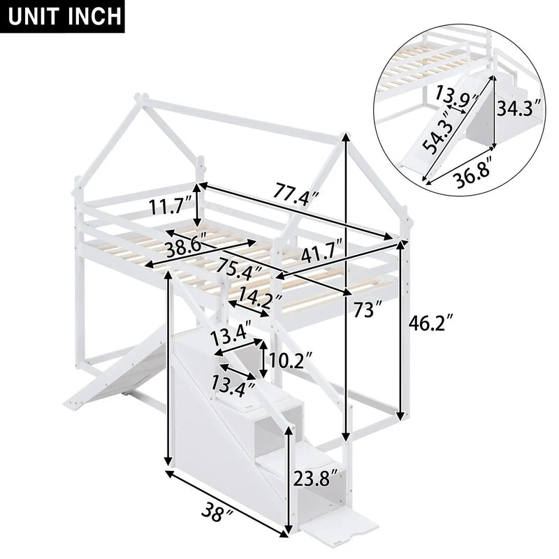 Twin Over Twin House Loft Or Bunk Bed With Slide And Staircase by Unique Piece Furniture