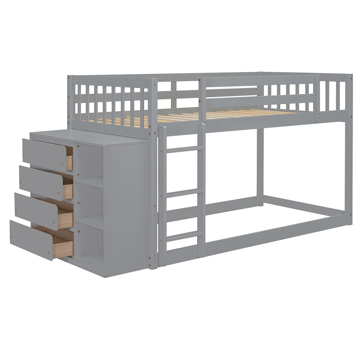 Bunk Bed With 4 Drawers and 3 Shelves - Solid Pine Wood