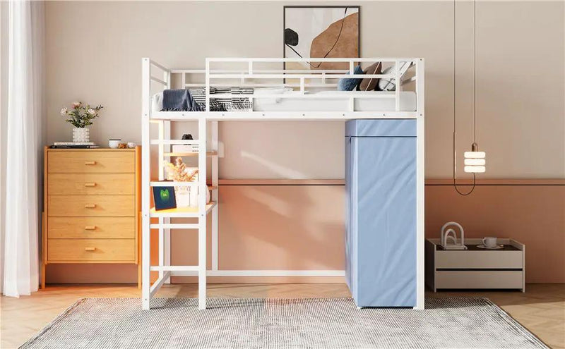 Loft Bed With Desk, Shelves, Power Outlet, LED Light And Wardrobe by HouseOfZazla