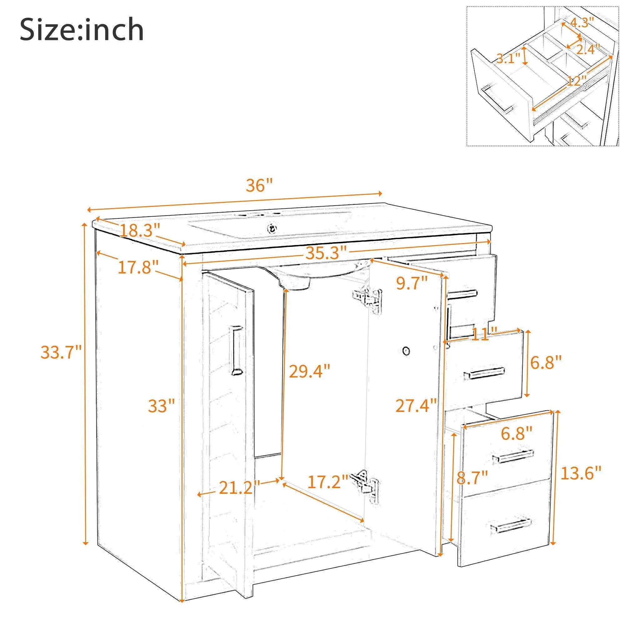 Bathroom Vanity With Sink, Storage Cabinet, Freestanding Set With 3 Drawers & Soft Closing Doors - Indigo by Unique Piece Furniture