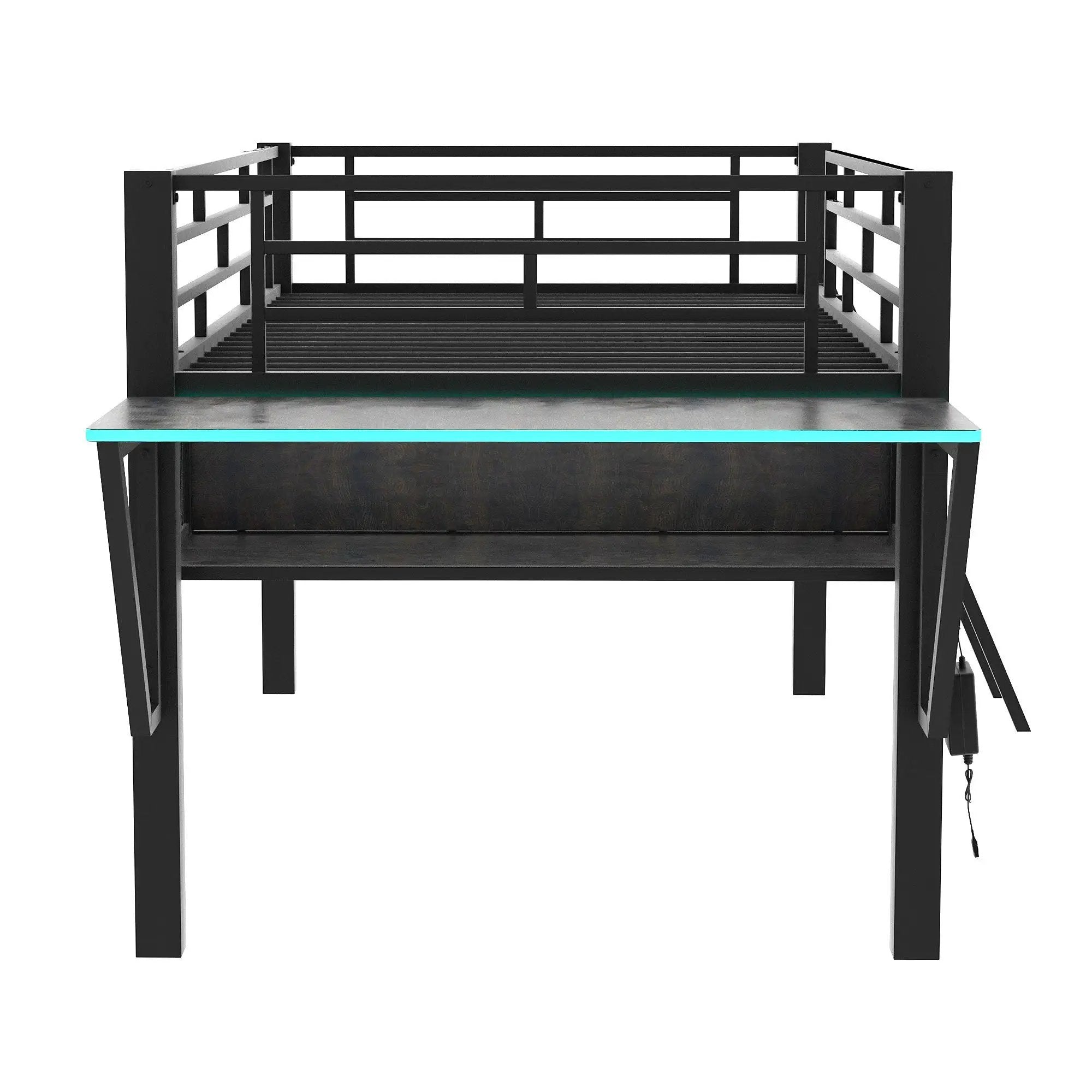 Modern Gaming Mid Loft Bed With Desk And LED Lights