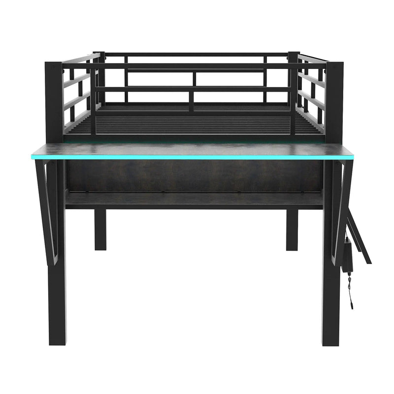 Modern Gaming Mid Loft Bed With Desk And LED Lights