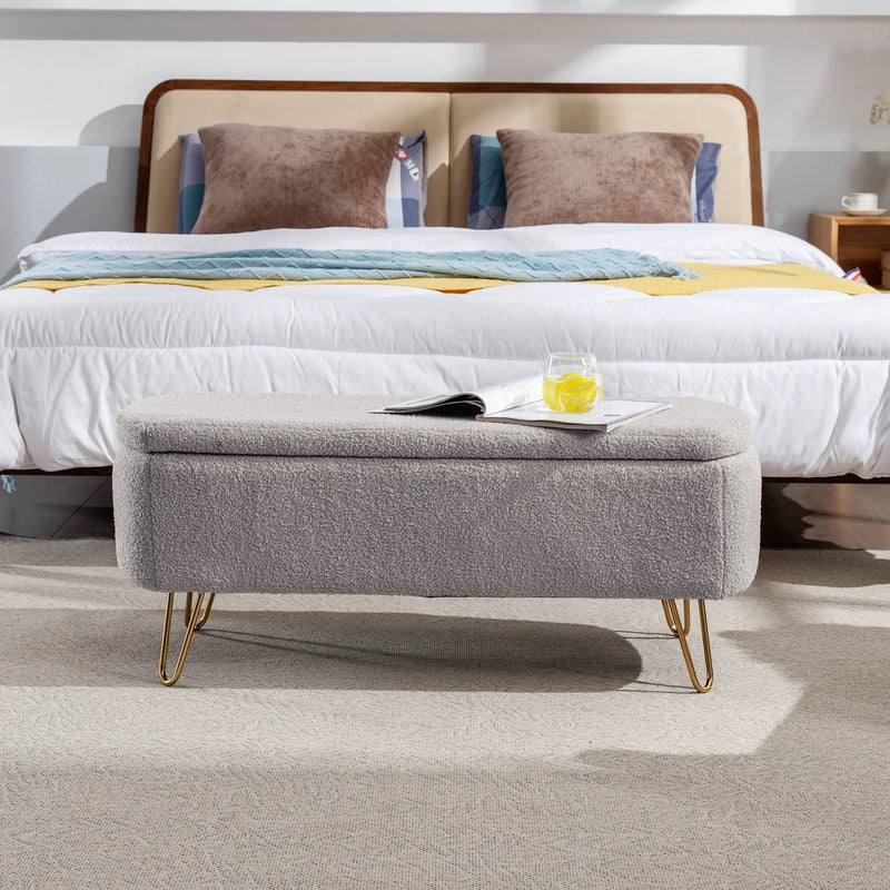 Storage Ottoman Bench For End Of Bed Legs, Modern Camel Faux Fur Entryway Bench Upholstered Padded With Storage For Living Room Bedroom by Unique Piece Furniture