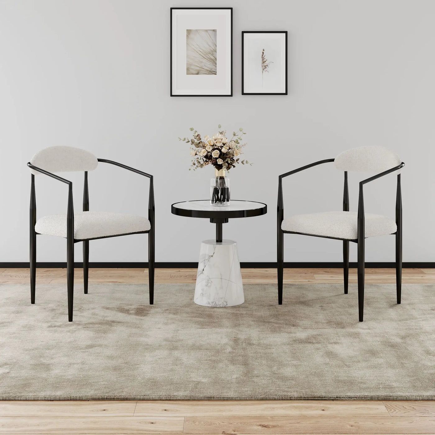 Dining Chairs (Set of 2), Mid-Century Modern Dining Chairs, Kitchen Dining Room Chairs, Round Boucle Backrest Sherpa Dining Chair With Metal Legs by Unique Piece Furniture