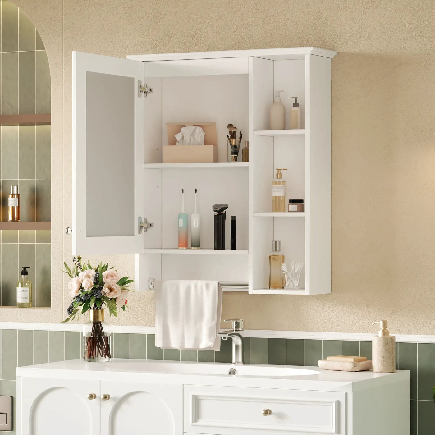 Modern 3 In 1 Bathroom Mirror Cabinet With Adjustable Shelf & Towel Bar by Unique Piece Furniture