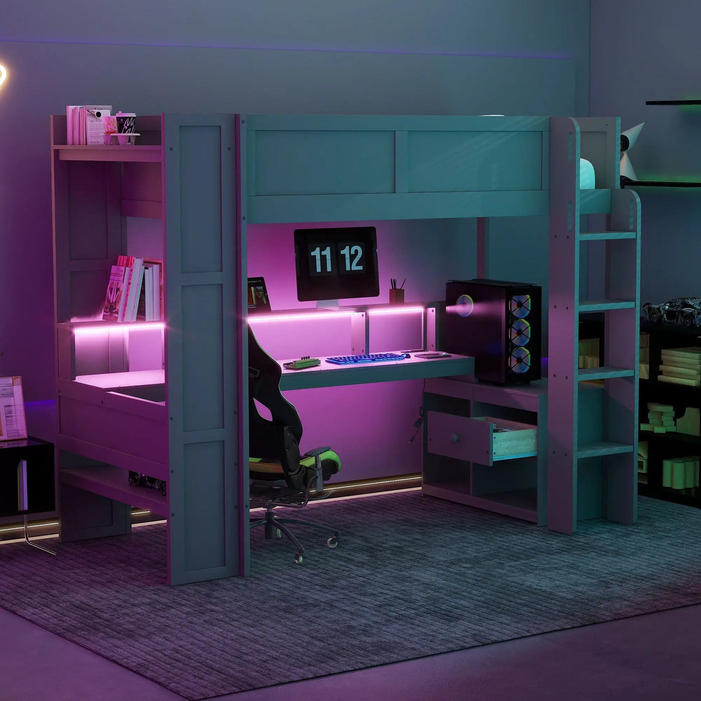 Gaming Loft Bed With Desk, Multi Storage Shelves, LED And Charging Station by HouseOfZazla