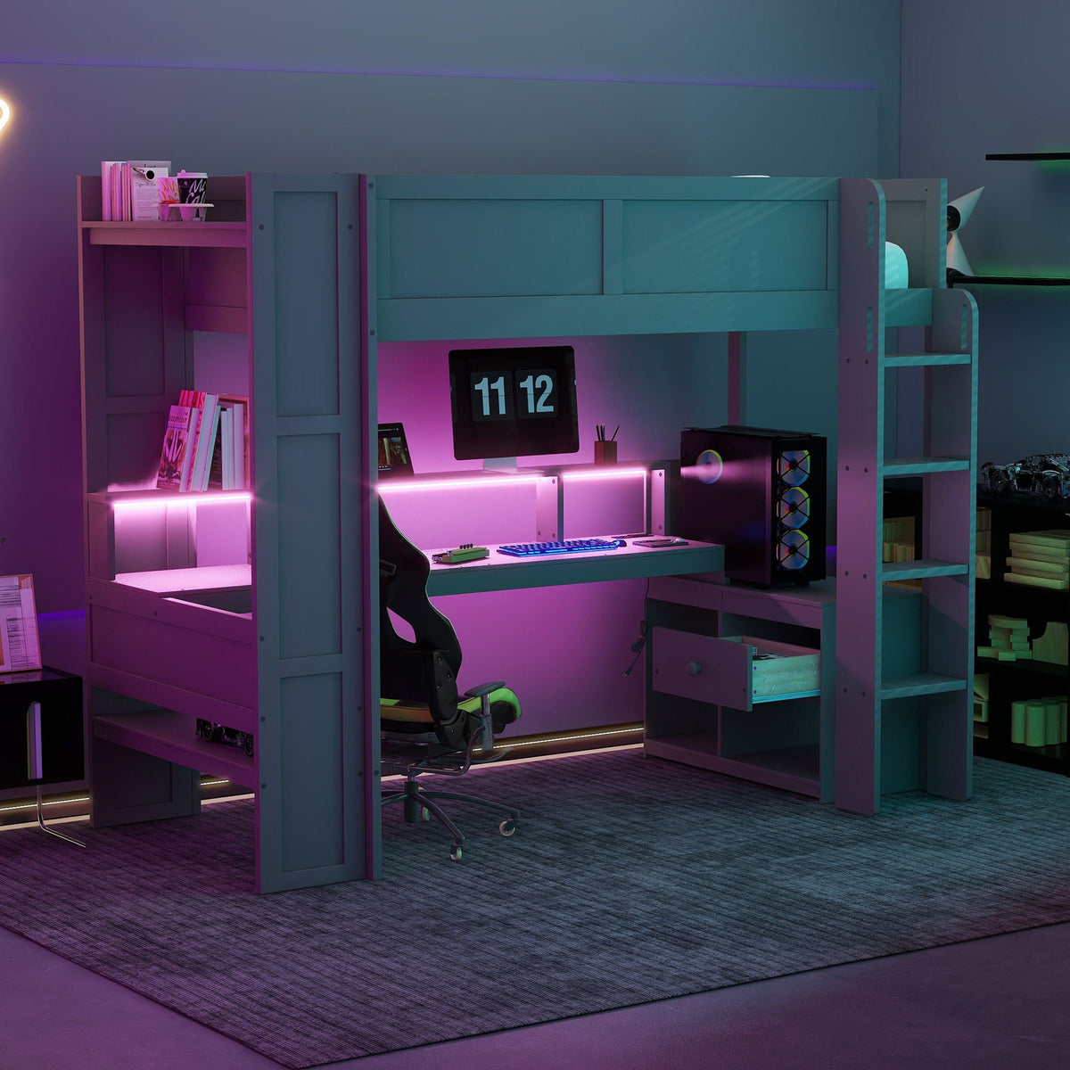 Gaming Loft Bed with Desk, Multi Storage Shelves, LED and Charging Station - Dark Gray, photo 12 of 13