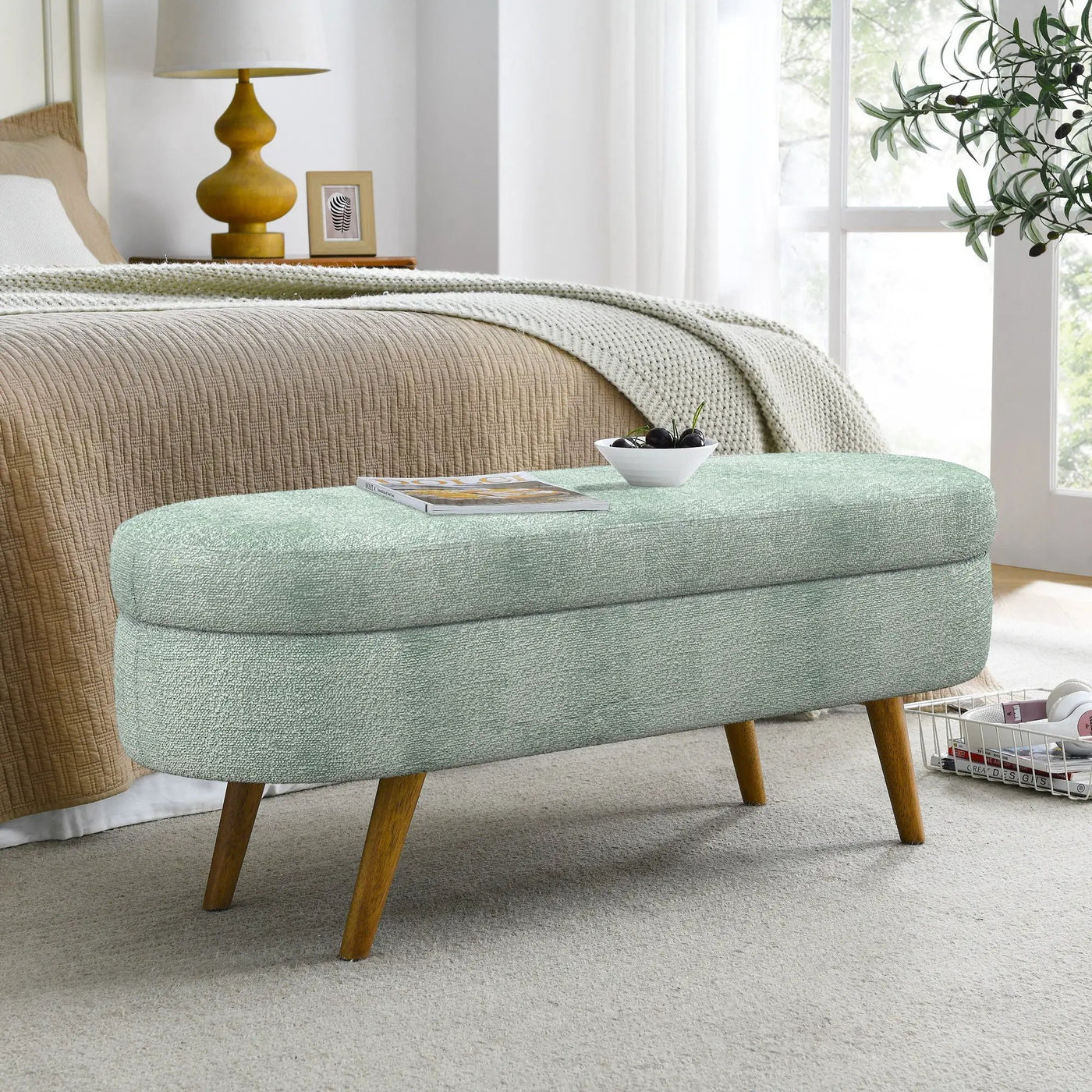 Modern Ottoman Oval Storage Bench With Rubber Wood Legs by HouseOfZazla