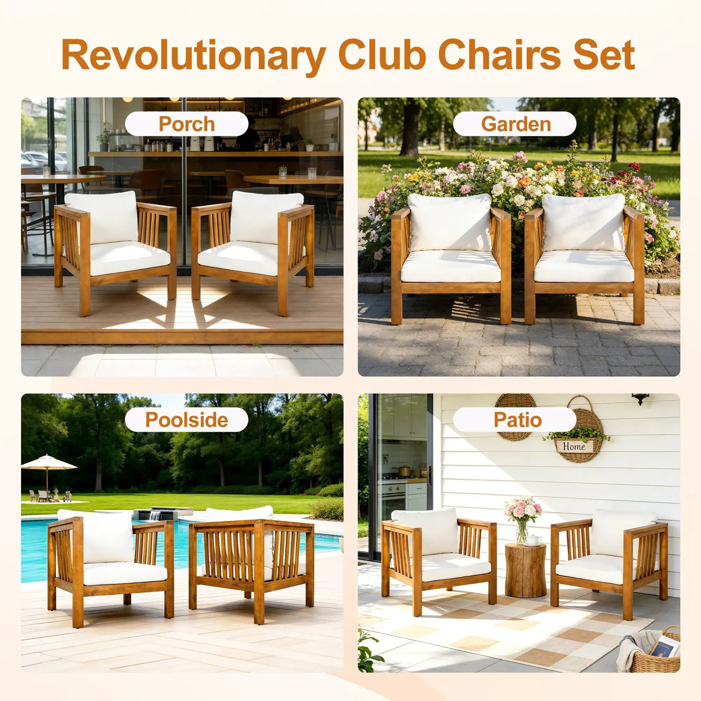Set of 2 Outdoor Acacia Wood Club Chairs with Modern Square Arms by HouseOfZazla