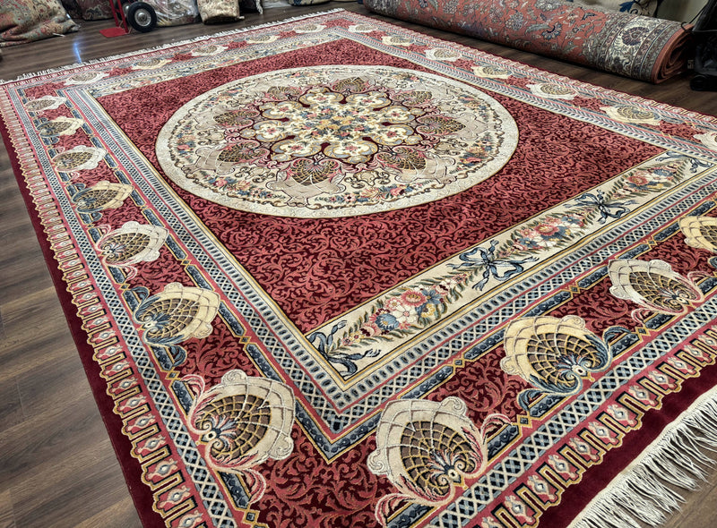 Wonderful Aubusson Rug 10x14, Red Maroon, Elegant, Fine 200 KPSI by Jewel Rugs