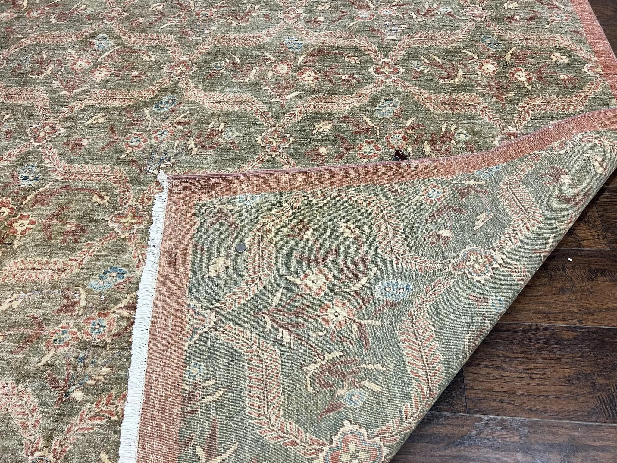 Large Modern Pakistani Rug 9x12, Handmade Wool Carpet, Peshawar Rug, Hand Knotted Oriental Rug, Contemporary, Floral, Light Green by Jewel Rugs