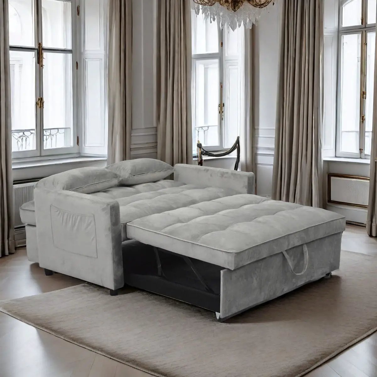 3 In 1 Convertible Sleeper Sofa Bed, Modern Fabric Futon Sofa Couch Pullout Bed, Adjustable Backrest With Three USB Ports, Two Side Pockets, Two Cup Holders And Swivel Phone Holder by Unique Piece Furniture
