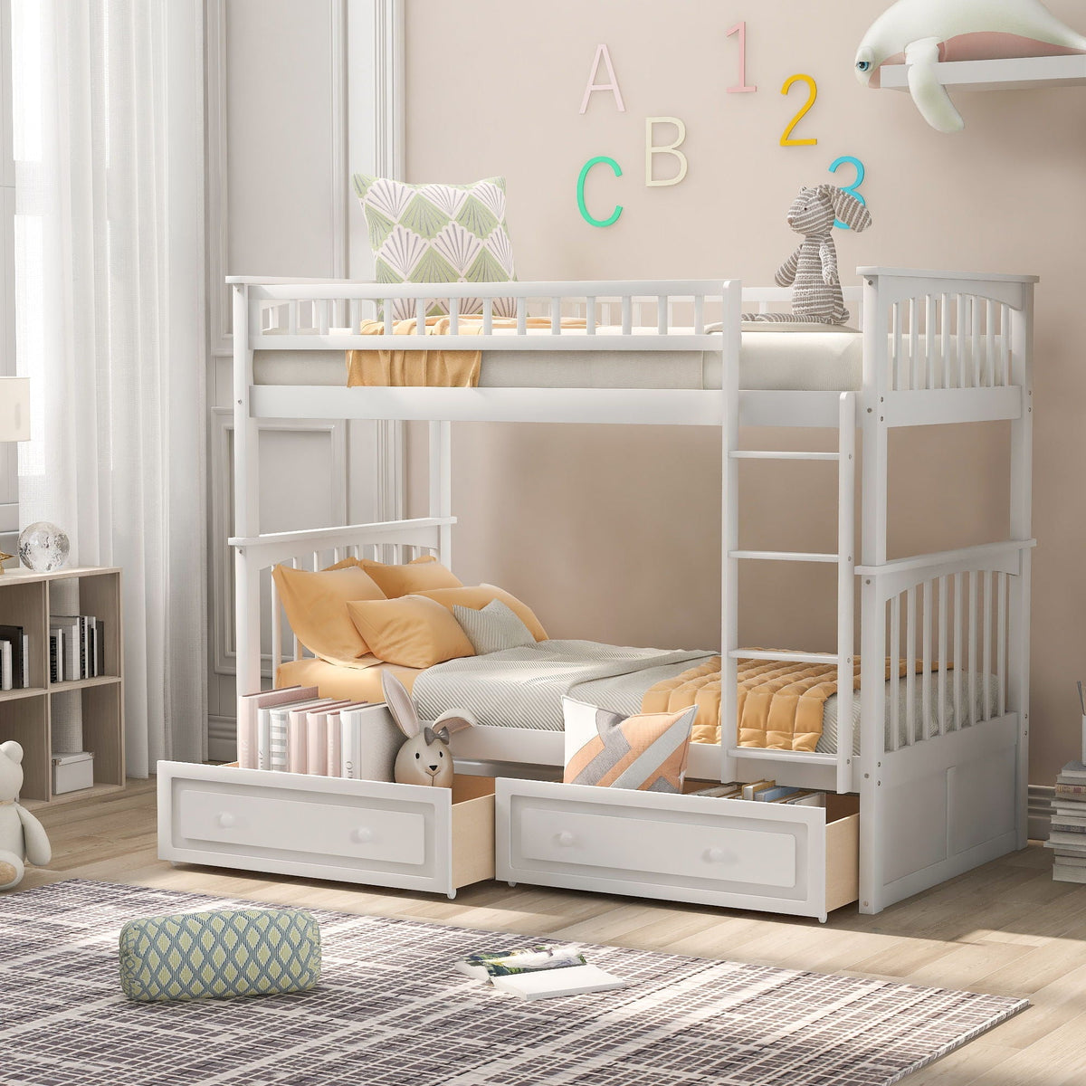 Twin Over Twin Bunk Bed with Drawers - Convertible, Solid Pine Wood - White or Dark Gray, photo 15 of 16