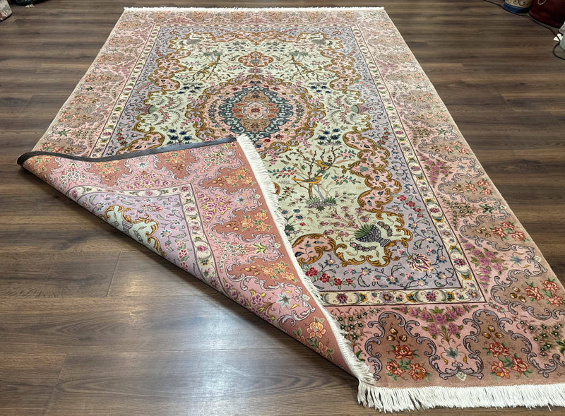 Wonderful Persian Tabriz Rug 7x10, Very Fine 330 KPSI, Light Green Light Blue Pink, Kork Wool Silk Foundation, Bird Pictorials by Jewel Rugs