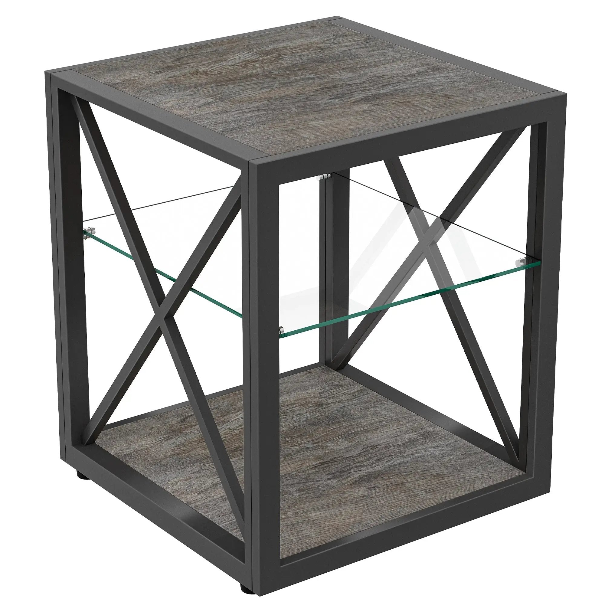 Modern End Table Nightstand with Tempered Glass & Wood Grain MDF by HouseOfZazla