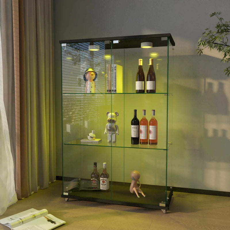 Modern Display Cabinet With LED Lights, Transparent Tempered Glass 2 Door Storage Case With 3 Shelves by Unique Piece Furniture