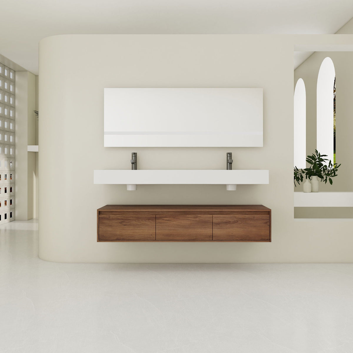 Contemporary Wall Mounted Bathroom Vanity With Dual Resin Sink And Soft Close Drawer, photo 8 of 8