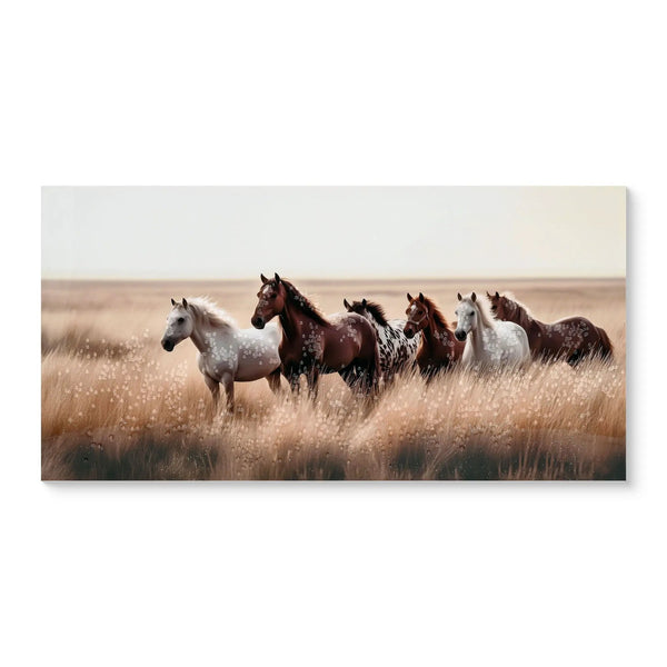 Horses Wall Art Decor, Western Farm Equine Canvas Picture Wild Animals Walking For Living Room - Brown / Cottage White
