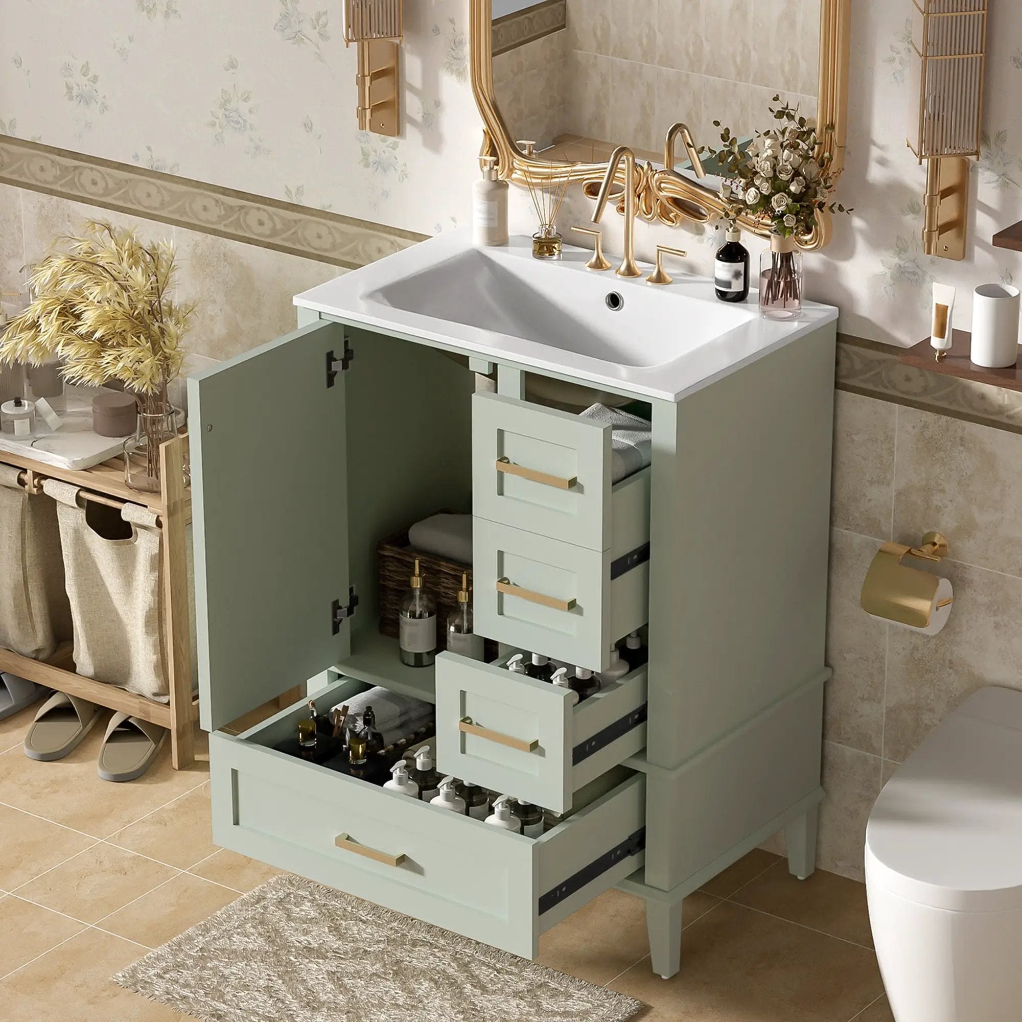 24.8" Bathroom Vanity with Ceramic Sink, Modern Freestanding Cabinet by HouseOfZazla