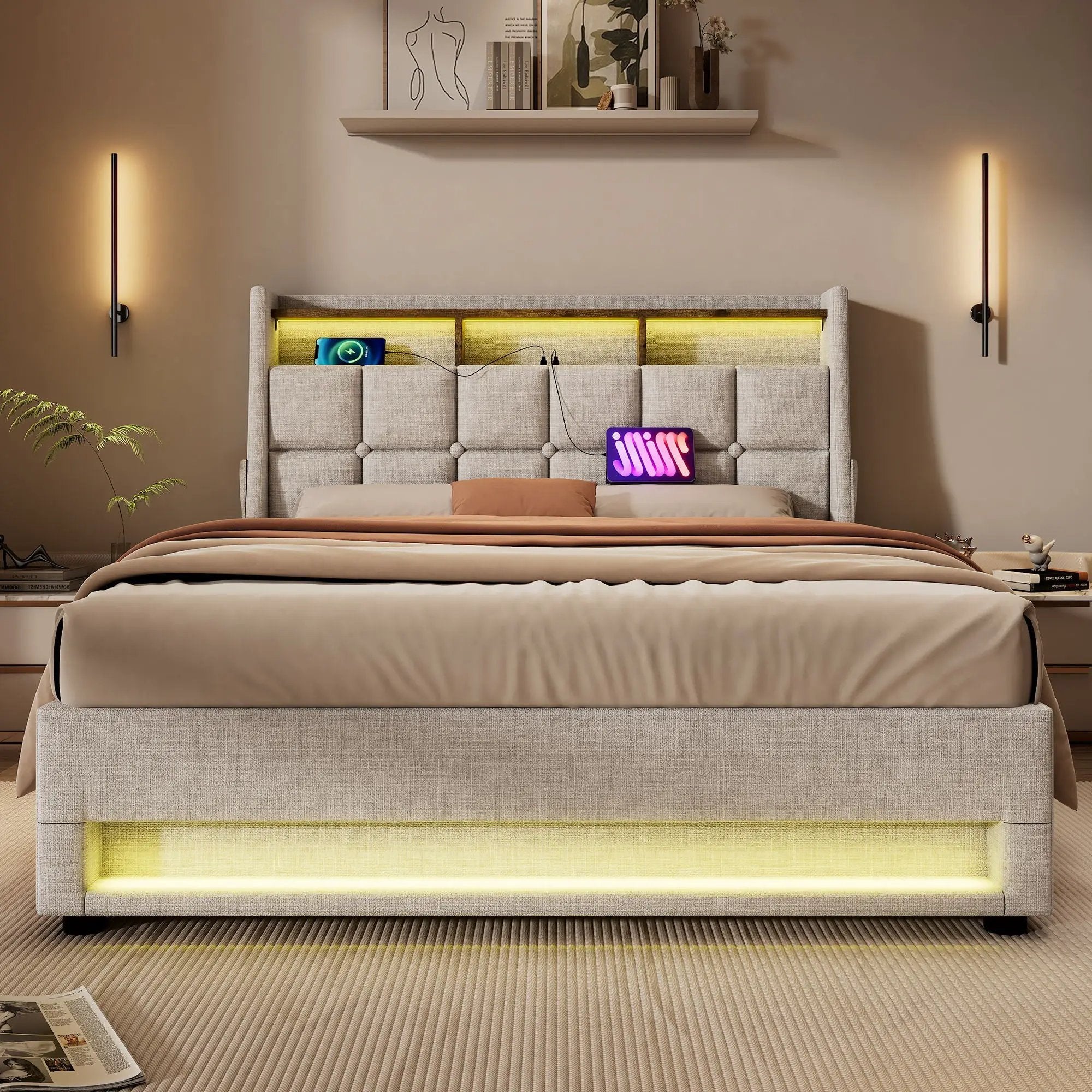 Platform Bed With Hydraulic Storage, LED Lighting & Charging Station by HouseOfZazla