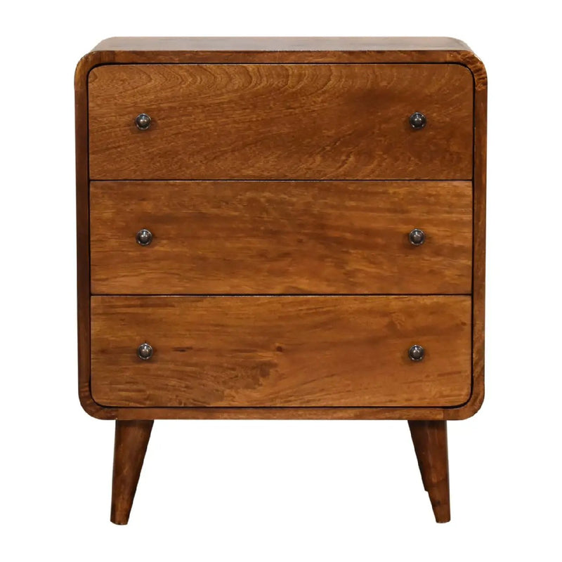 Solid Wood Mini Curved Chestnut Chest, 3-Drawer, Nordic Legs by HouseOfZazla