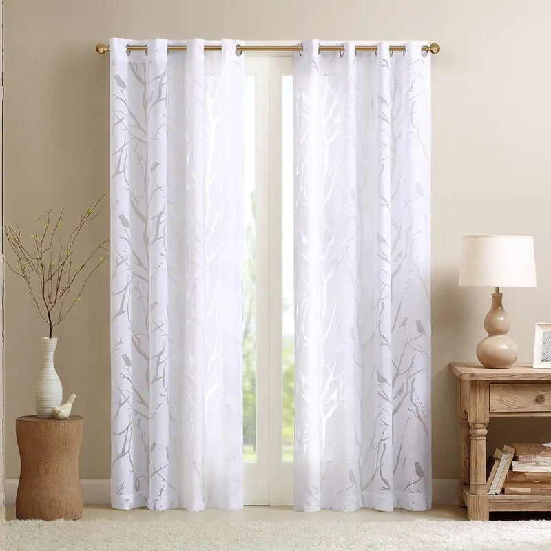 Grommet Top Sheer Bird on Branches Burnout Window Curtain Panel by HouseOfZazla