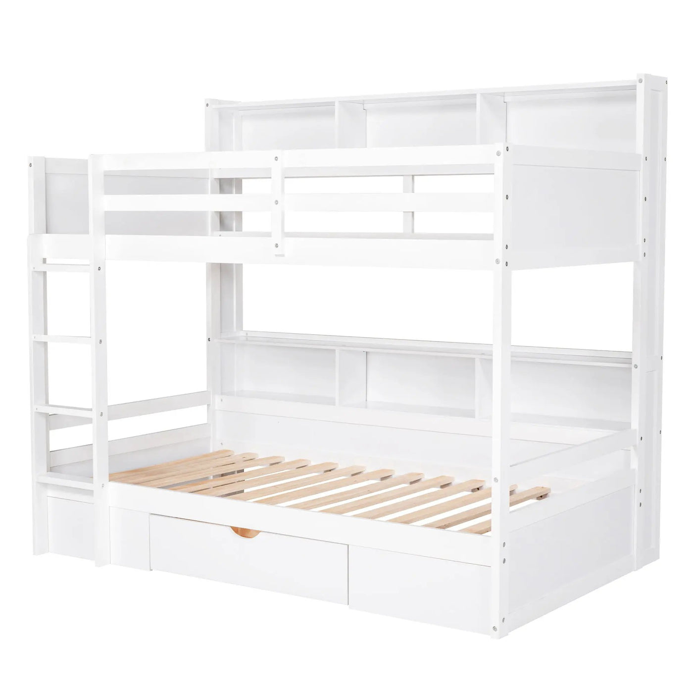 Twin Size Bunk Bed With Built-In Shelves Beside Both Upper And Down Bed And Storage Drawer by HouseOfZazla