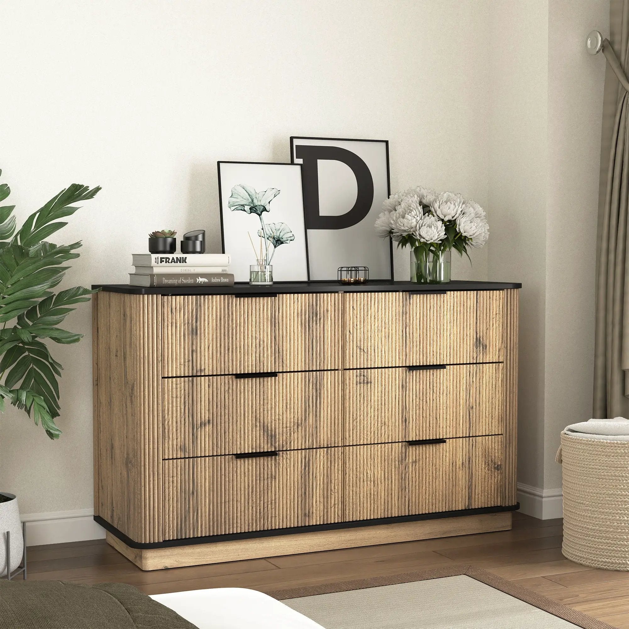 Modern 6 Drawer Cabinet With Metal Rounded Corners And Exquisite Handles Multi Functional Storage - Natural Wood by HouseOfZazla