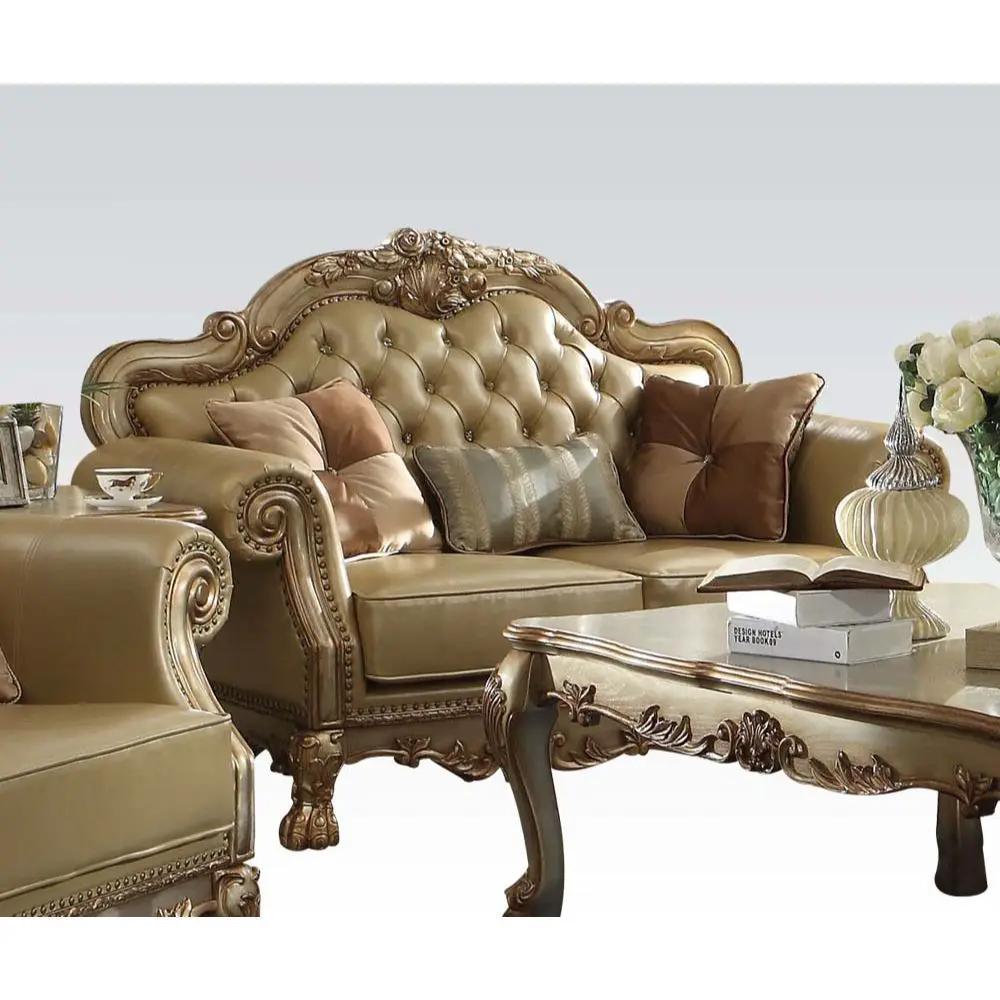 Dresden - Loveseat With 3 Pillows - Bone Synthetic Leather & Gold Patina by Unique Piece Furniture