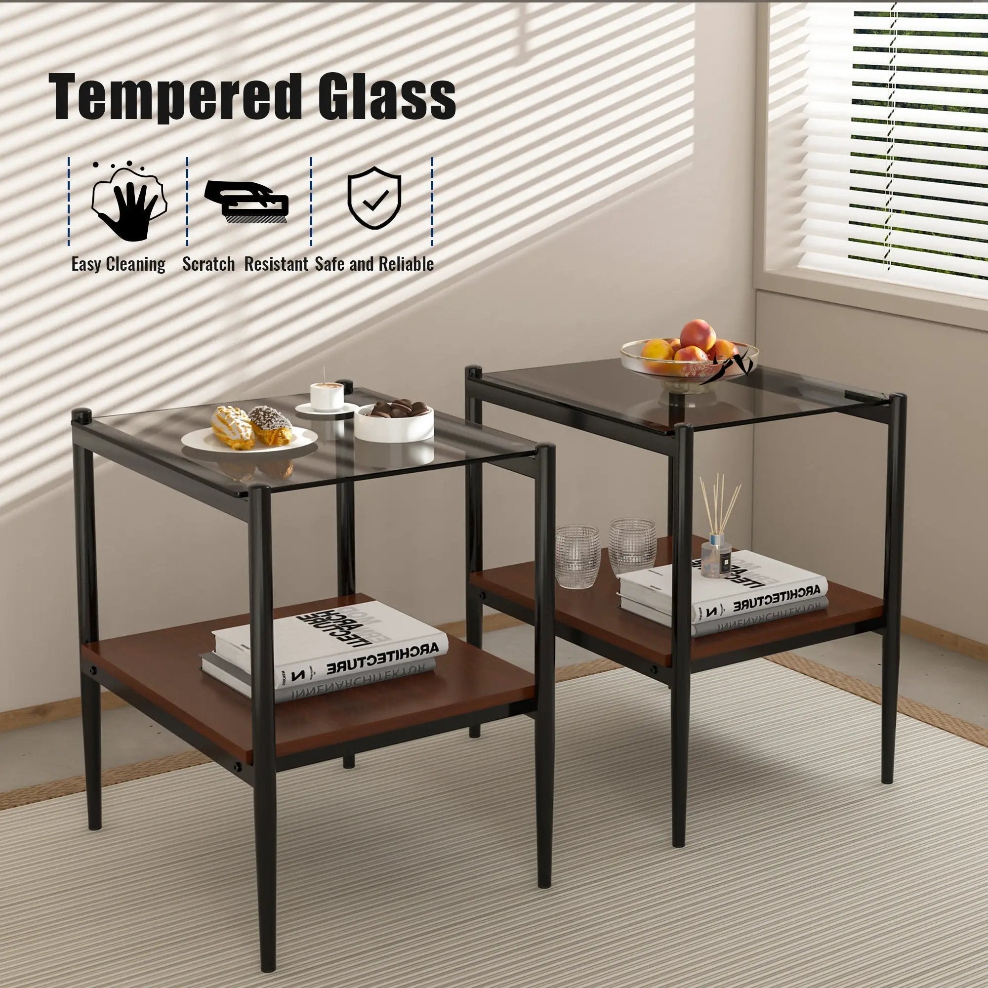 Set of 2 Rectangle End Table Gray Glass by HouseOfZazla