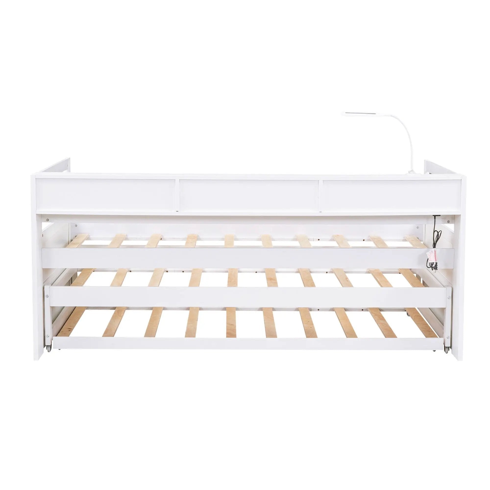 Daybed With 2 Trundles, 3 Storage Cubbies, Built In USB Charging Light by HouseOfZazla