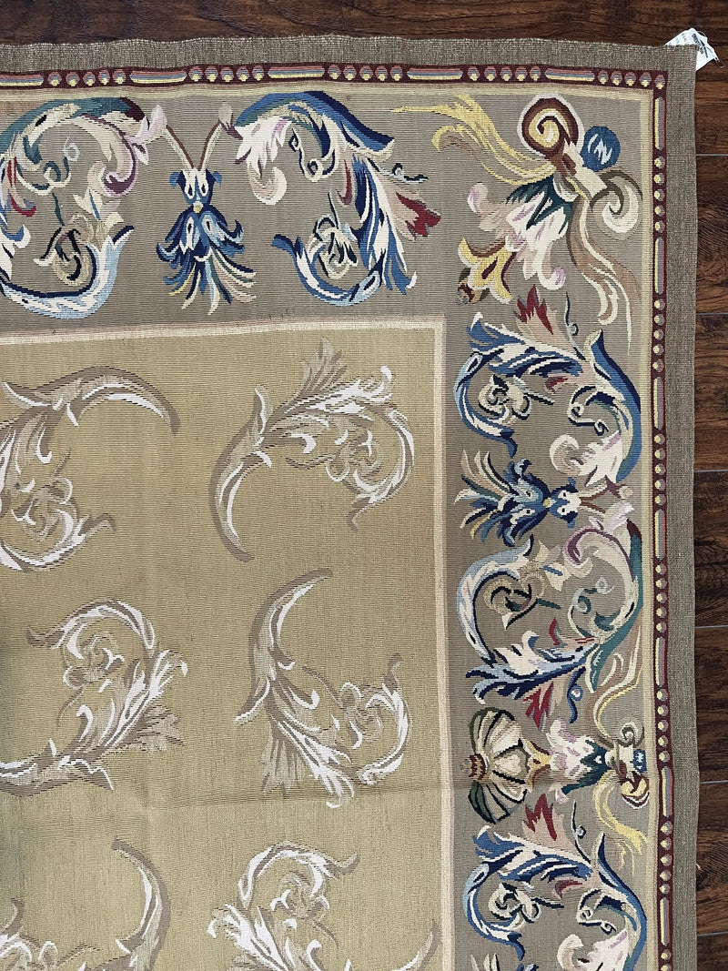 Vintage Aubusson Flatweave Area Rug 9x12, Aubusson Weave, Wool, Beige, Handmade, French European Design, 8'9" x 11'9" by Jewel Rugs