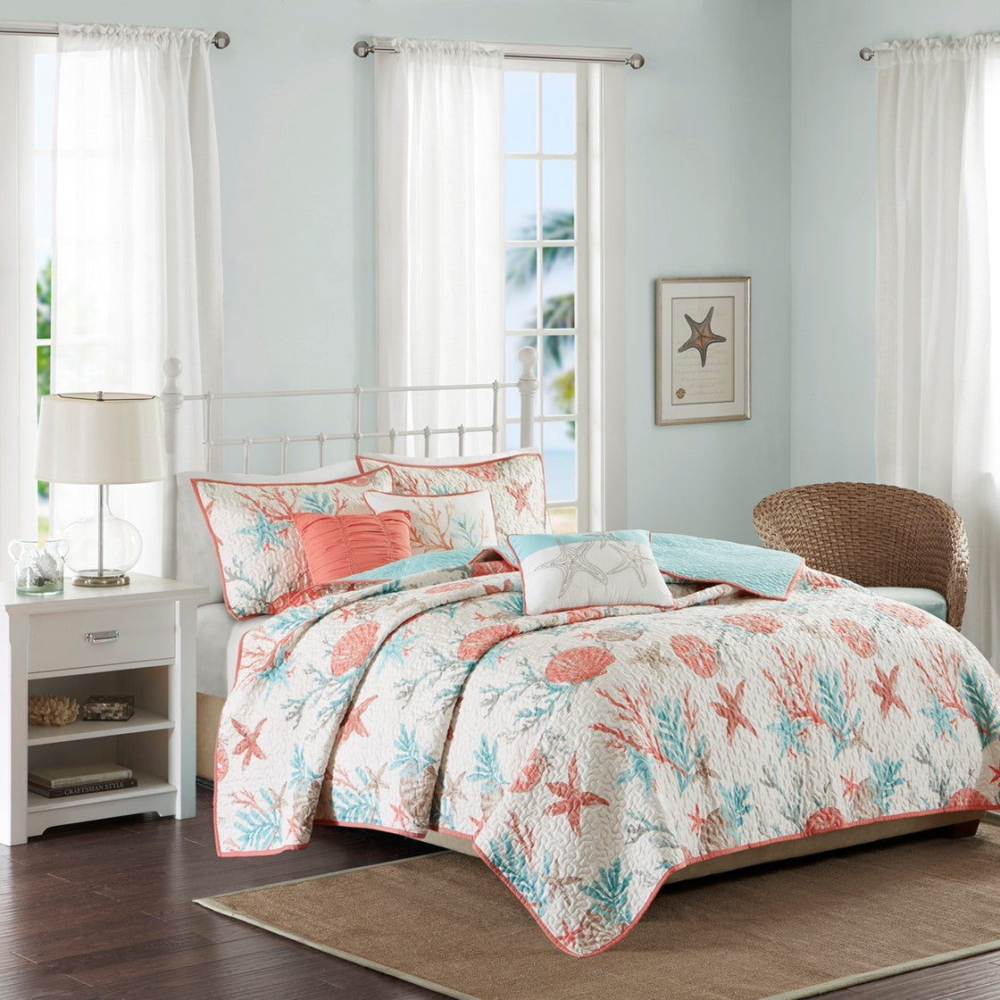 6 Piece Cotton Sateen Quilt Set with Throw Pillows - Coral King King/Cal King by HouseOfZazla