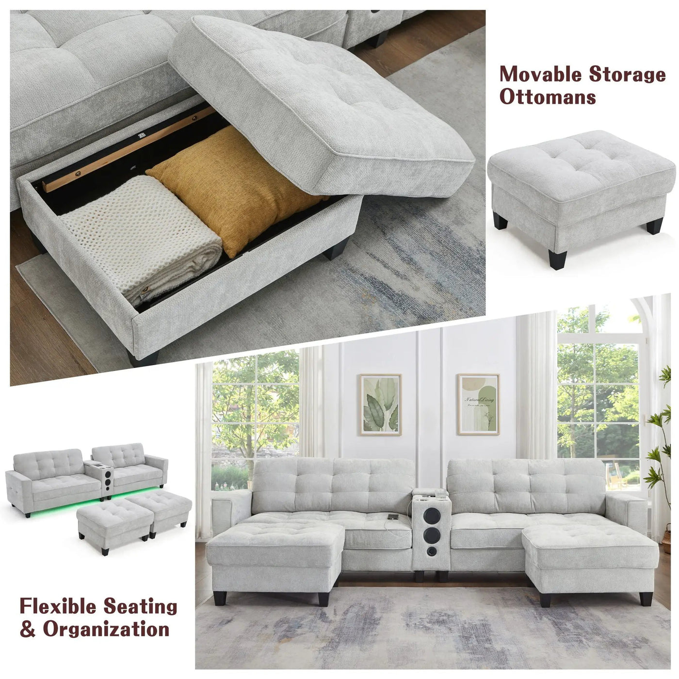 Modern Sectional Sofa U-Shaped With Movable Ottomans, tooth Speakers, LED Lights And Modular Storage by Unique Piece Furniture