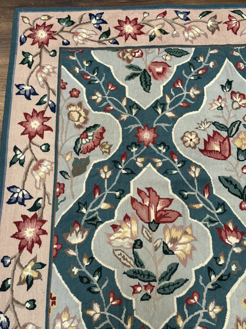 Teal Needlepoint Rug 6x9, Panel Design, Floral Bouquets, Handmade by Jewel Rugs